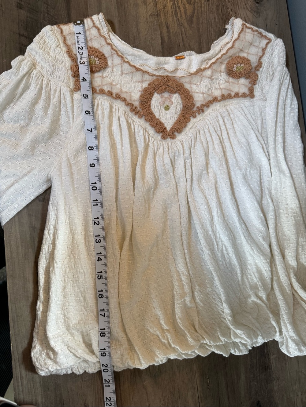 Free People Cream Long Sleeve Peasant Top with Tan Crochet Accents - Picture 9 of 9
